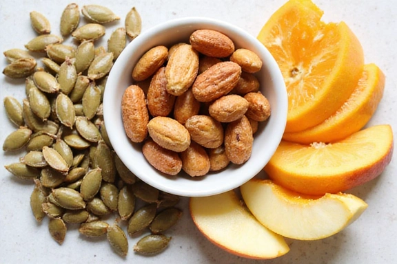 Various healthy snacks like nuts, seeds, and fruit slices